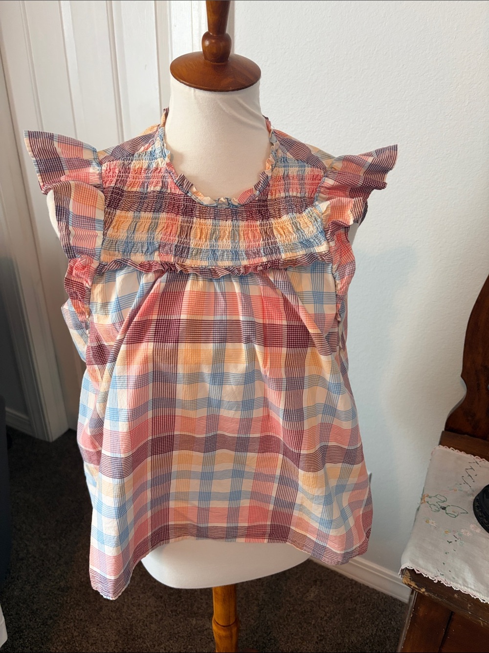 Old Navy Pastel Plaid Ruffle Sleeve Blouse - Pink, Blue, Yellow